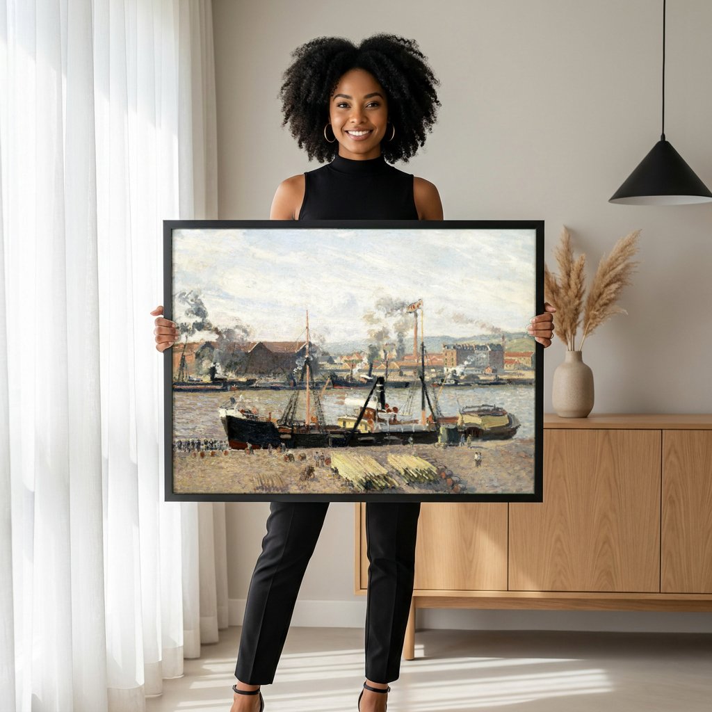 Quadro Decorativo Porto de Rouen - Pissarro com modelo em ambiente