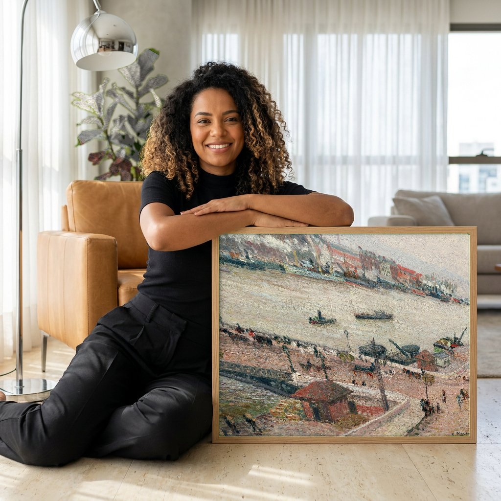 Quadro Decorativo Porto de Rouen - Pissarro com modelo em ambiente