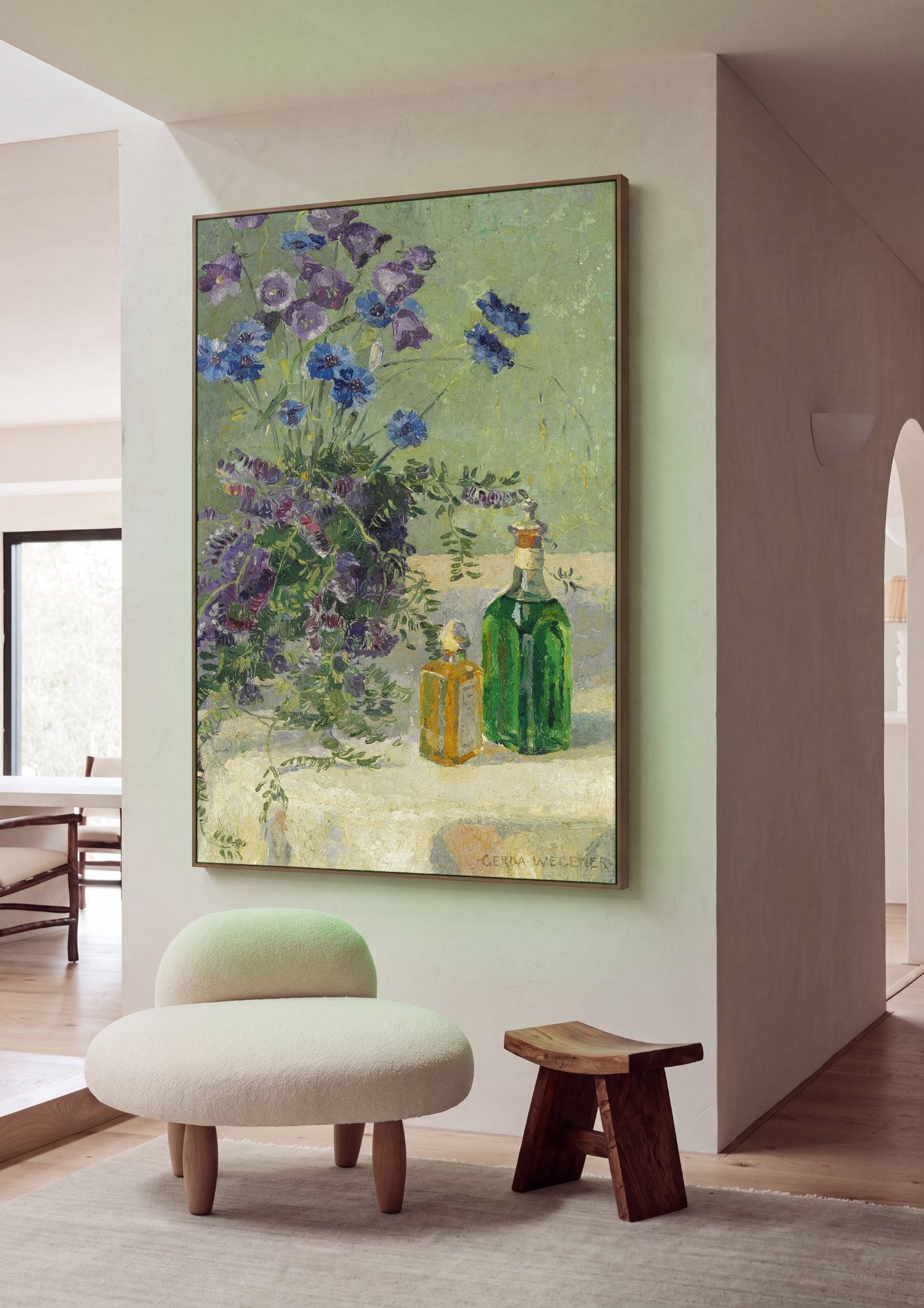 Quadro Decorativo Cesto de Flores e Garrafas - Gerda Wegener em ambiente decorado