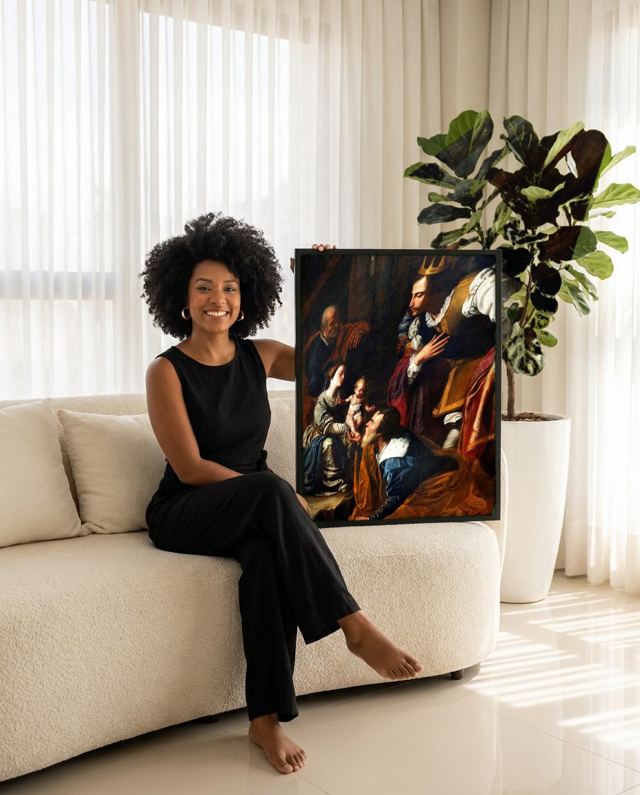 Quadro Decorativo Adoração dos Magos - Artemisia Gentileschi com modelo em ambiente