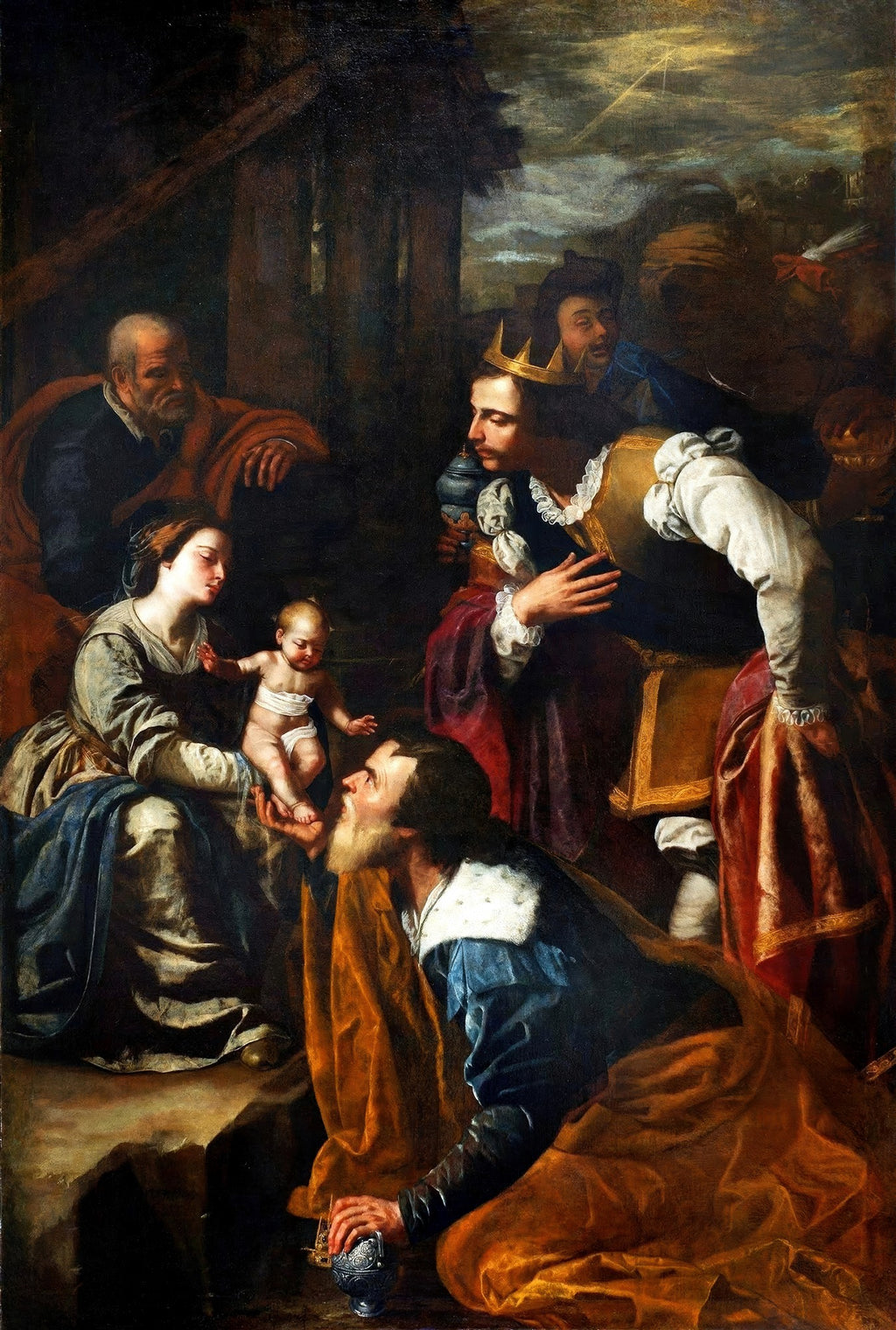 Quadro decorativo da pintura "Adoração dos Magos", atribuída a Artemisia Gentileschi, mostrando a Virgem Maria com o Menino Jesus e os três Reis Magos ajoelhados em adoração.