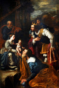 Quadro decorativo da pintura "Adoração dos Magos", atribuída a Artemisia Gentileschi, mostrando a Virgem Maria com o Menino Jesus e os três Reis Magos ajoelhados em adoração.