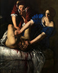 Quadro de Artemisia Gentileschi, "Judith Decapitando Holofernes", mostrando duas mulheres em azul e vermelho decapitando um homem em uma cama com sangue.