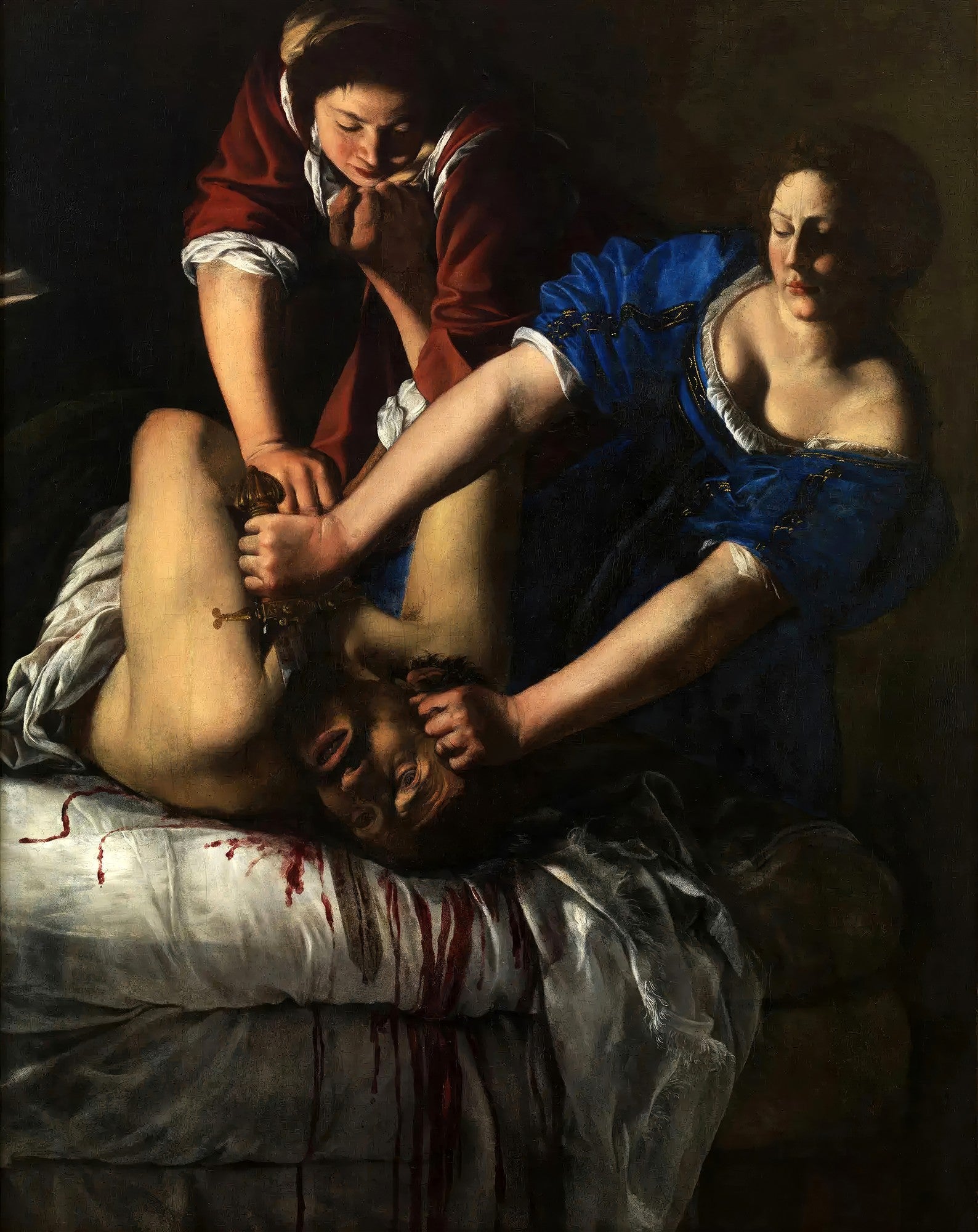 Quadro de Artemisia Gentileschi, "Judith Decapitando Holofernes", mostrando duas mulheres em azul e vermelho decapitando um homem em uma cama com sangue.
