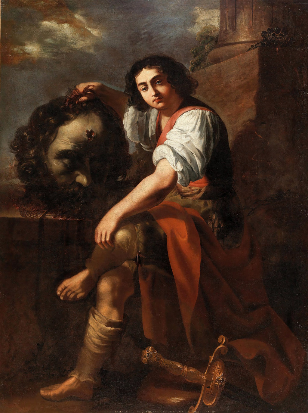 Quadro decorativo de Davi segurando a cabeça decepada de Golias, obra de Artemisia Gentileschi, com iluminação dramática barroca