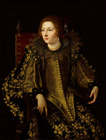 Retrato de uma mulher com cabelo ruivo e vestida em luxuoso traje dourado e preto, sentada em uma cadeira vermelha, atribuída a Artemisia Gentileschi.