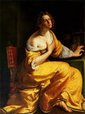 Quadro decorativo Maria Madalena Penitente, obra de Artemisia Gentileschi, mostrando uma mulher com vestido amarelo e branco, em pose de reflexão, com iluminação dramática.
