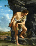 Quadro 'Davi com a Cabeça de Golias' atribuído a Artemisia Gentileschi, mostrando um jovem Davi pensativo, com uma espada na mão e a cabeça de Golias aos seus pés, em uma paisagem rochosa com céu azul.