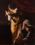 Quadro decorativo com Judith e sua serva escondendo a cabeça de Holofernes à luz de velas, obra de Artemisia Gentileschi.