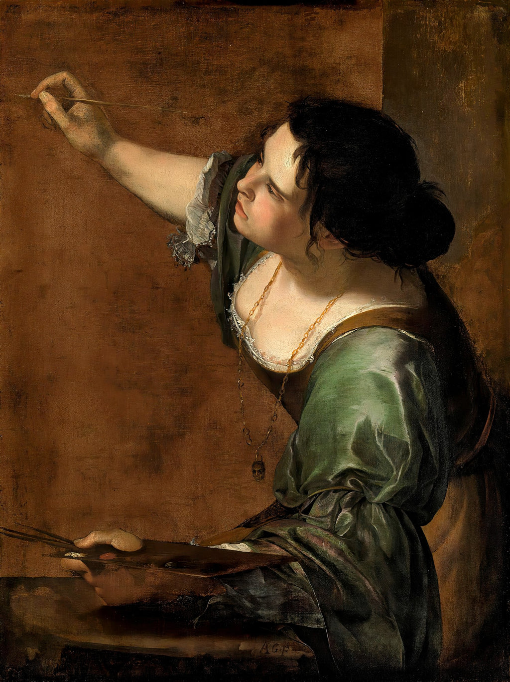 Autorretrato de Artemisia Gentileschi, uma mulher pintando, com pincel e paleta. Ela veste um vestido verde-oliva e um colar com um pingente em forma de caveira, em um estilo barroco com iluminação dramática.