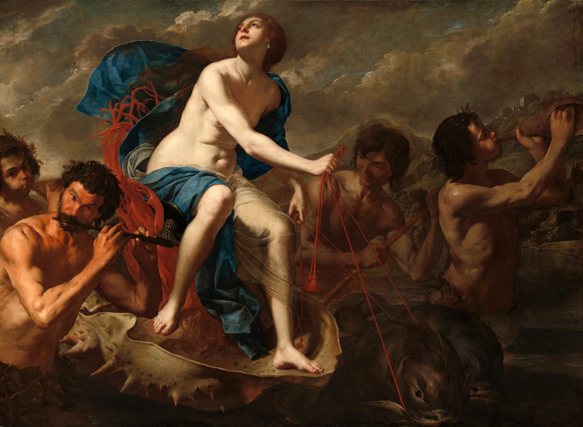 Pintura barroca de Artemisia Gentileschi, 'Vênus e Cupido', mostrando Vênus nua em uma concha puxada por tritões e cupidos.