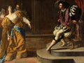 Quadro decorativo "Ester e Assuero" de Artemisia Gentileschi, mostrando a rainha Ester desmaiando diante do rei Assuero, com uma serva a amparando. As figuras estão vestidas com trajes luxuosos e a cena é dramaticamente iluminada.