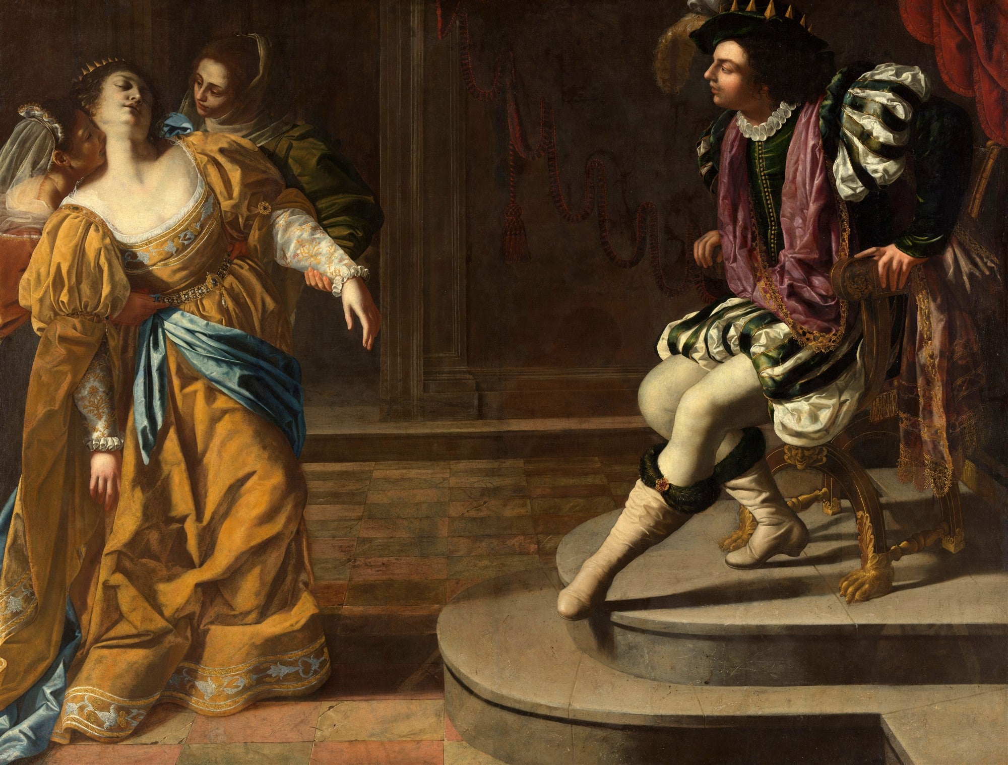 Quadro decorativo "Ester e Assuero" de Artemisia Gentileschi, mostrando a rainha Ester desmaiando diante do rei Assuero, com uma serva a amparando. As figuras estão vestidas com trajes luxuosos e a cena é dramaticamente iluminada.
