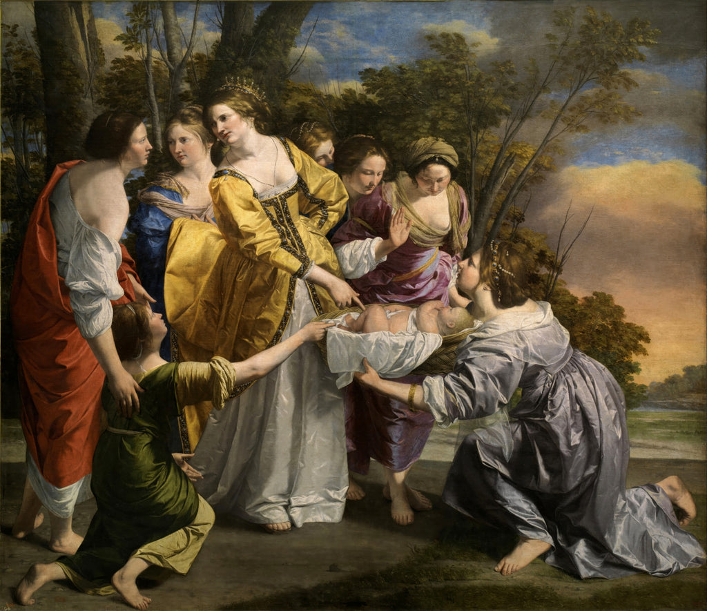 Quadro decorativo "A Descoberta de Moisés" de Artemisia Gentileschi, mostrando várias mulheres elegantemente vestidas descobrindo um bebê em um cesto. A cena se passa em um cenário natural com árvores e um céu dramático.