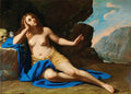 Pintura barroca de Artemisia Gentileschi retratando Madalena Penitente reclinada em uma caverna, com um crânio e um vaso ao lado, olhando para cima com expressão de arrependimento e fé. A figura feminina tem cabelos ruivos, está parcialmente nua com um pano azul e outro dourado, e o fundo mostra uma paisagem rochosa e um céu azul.