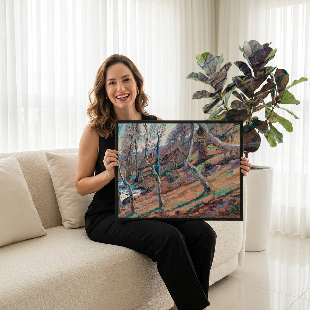 Quadro Decorativo Paisagem com Rio e Árvores - Armand Guillaumin com modelo em ambiente