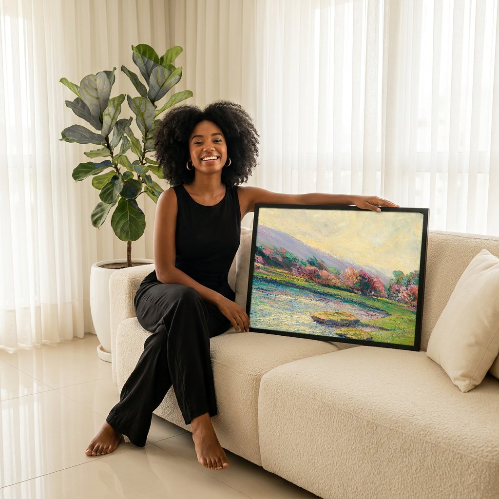Quadro Decorativo Paisagem com Rio e Árvores - Armand Guillaumin com modelo em ambiente