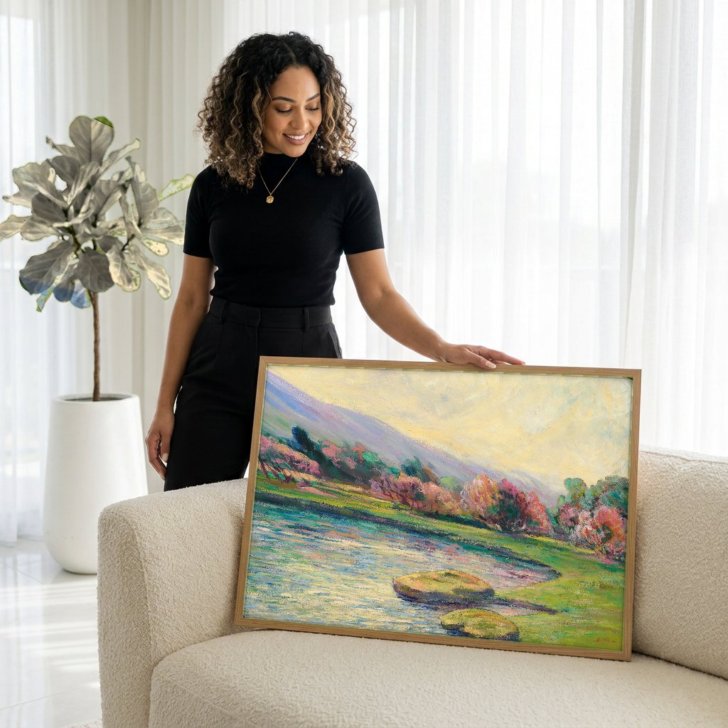 Quadro Decorativo Paisagem com Rio e Árvores - Armand Guillaumin com modelo em ambiente