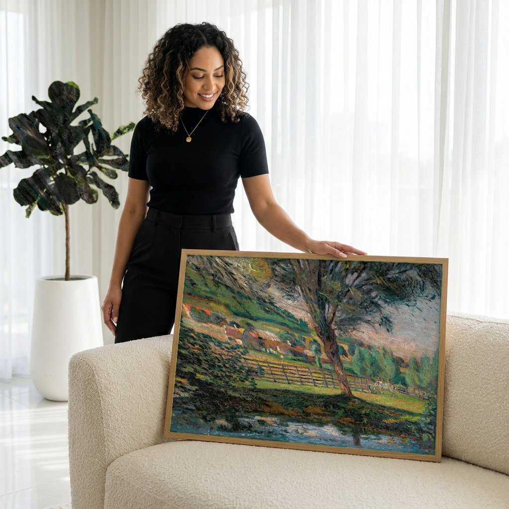 Quadro Decorativo Paisagem com Rio e Árvores - Guillaumin com modelo em ambiente