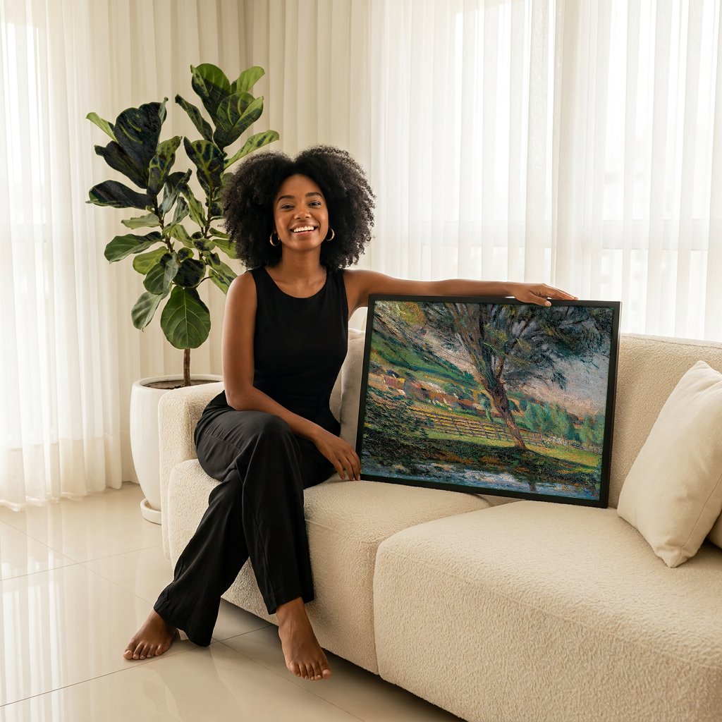 Quadro Decorativo Paisagem com Rio e Árvores - Guillaumin com modelo em ambiente