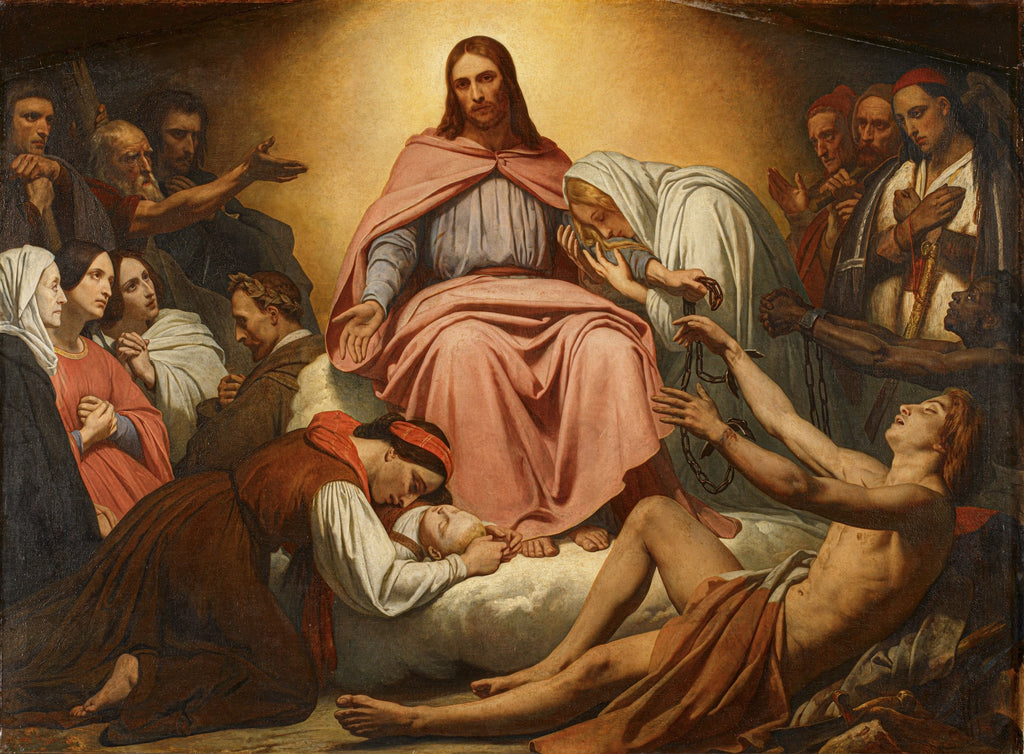 Pintura 'Christus Consolator' de Ary Scheffer, mostrando Jesus Cristo ao centro, sentado, com vestes rosas e azuis claras, rodeado por diversas figuras históricas e contemporâneas buscando consolo. A cena tem uma luz dourada ao fundo, transmitindo uma sensação de esperança e acolhimento.