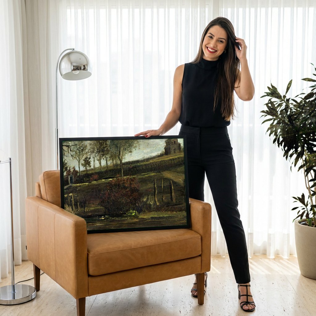 Quadro Decorativo A Velha Torre e a Casa de Campo - Van Gogh com modelo em ambiente