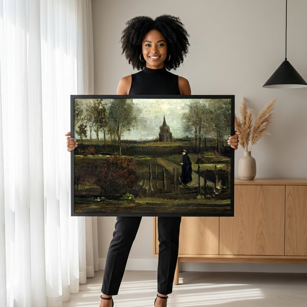 Quadro Decorativo A Velha Torre e a Casa de Campo - Van Gogh com modelo em ambiente
