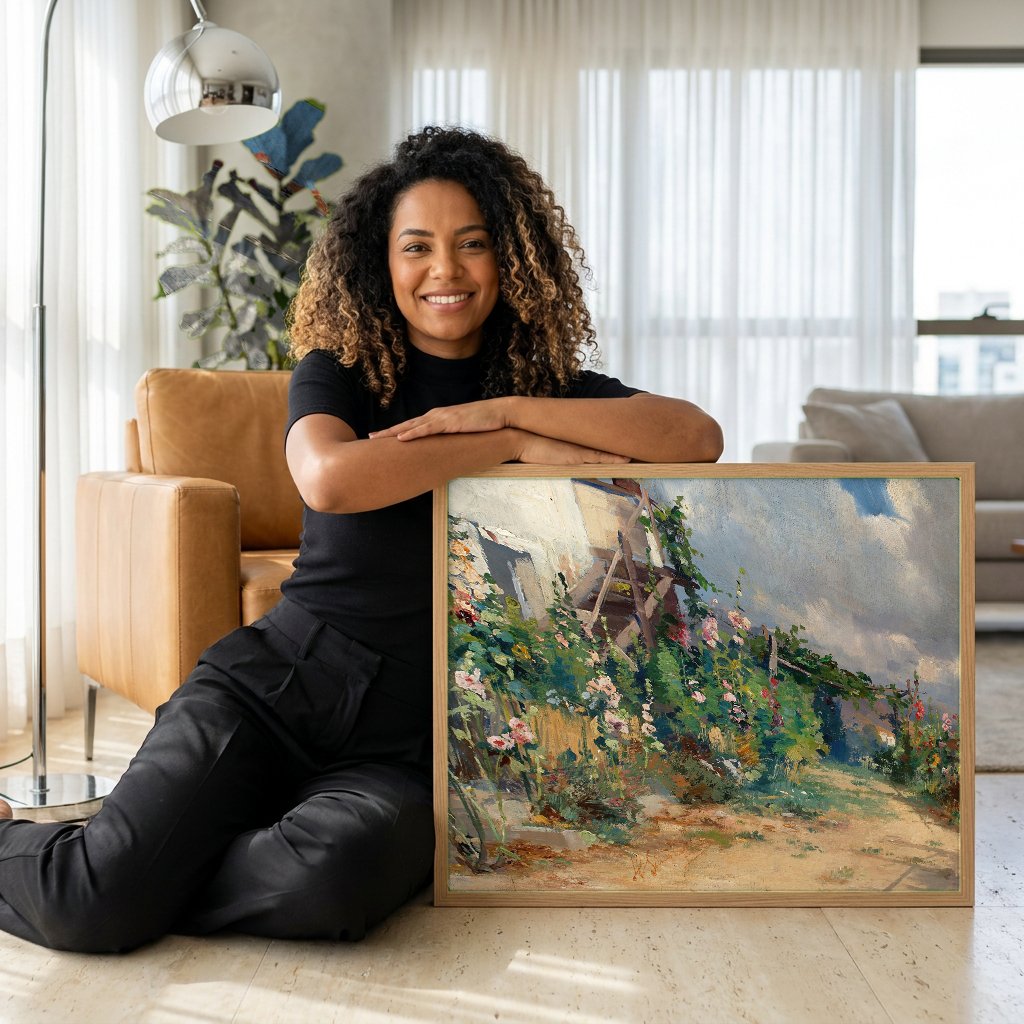 Quadro Decorativo Campo de Flores e Casa - Henryk Siemiradzki com modelo em ambiente