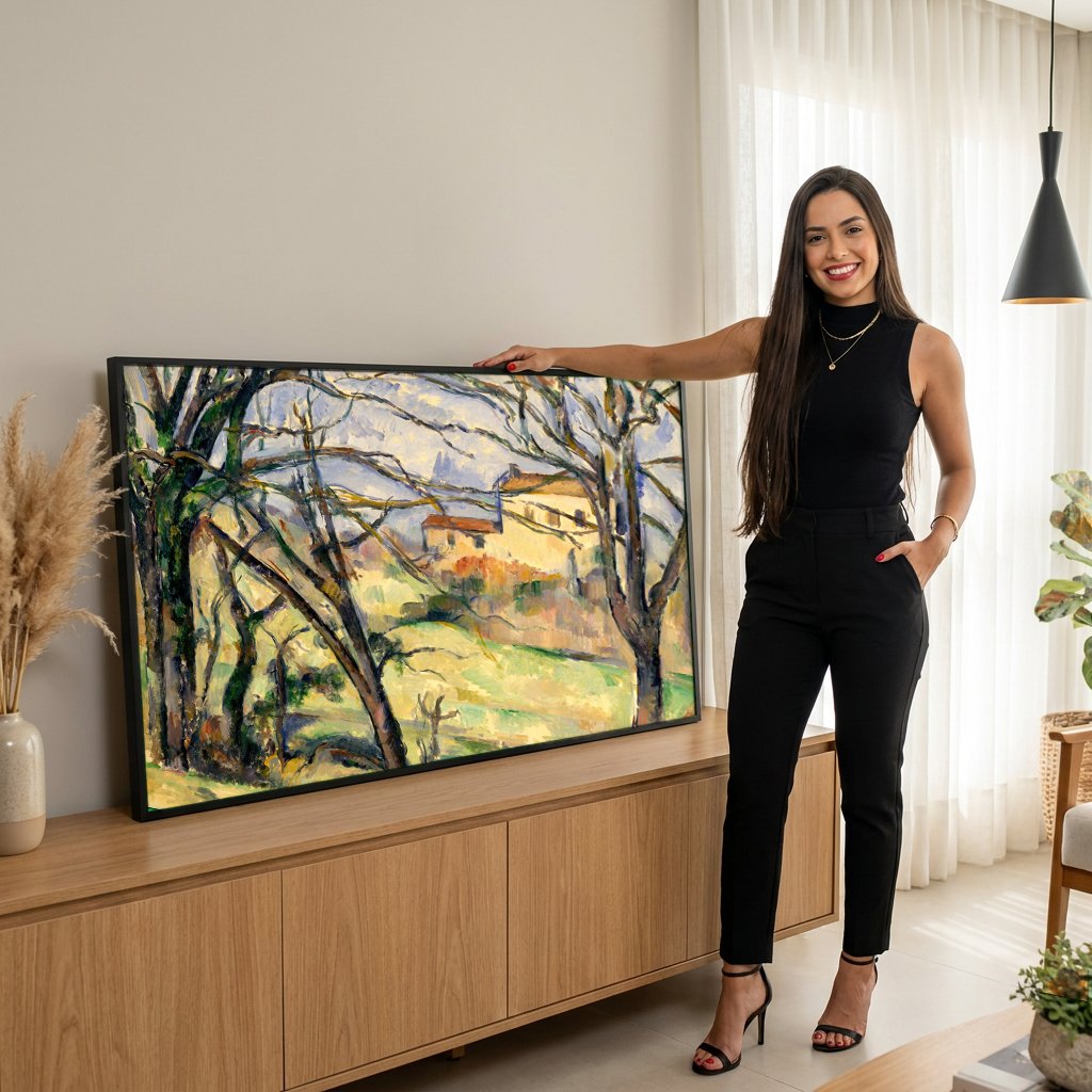 Quadro Decorativo A Casa Amarela (A Casa de Campo) - Paul Cézanne com modelo em ambiente