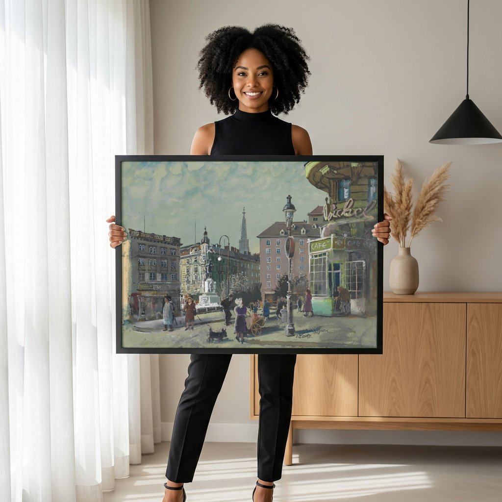 Quadro Decorativo 'Cafe na Rua' - Oskar Laske com modelo em ambiente