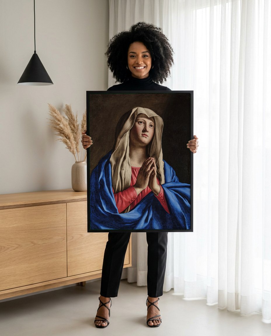Quadro Decorativo Madonna em Oracao - Sassoferrato com modelo em ambiente