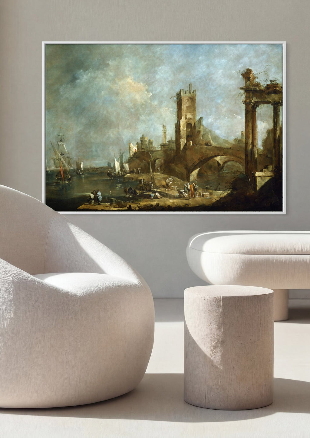 Quadro Decorativo Porto com Ruínas Clássicas - Francesco Guardi em ambiente decorado