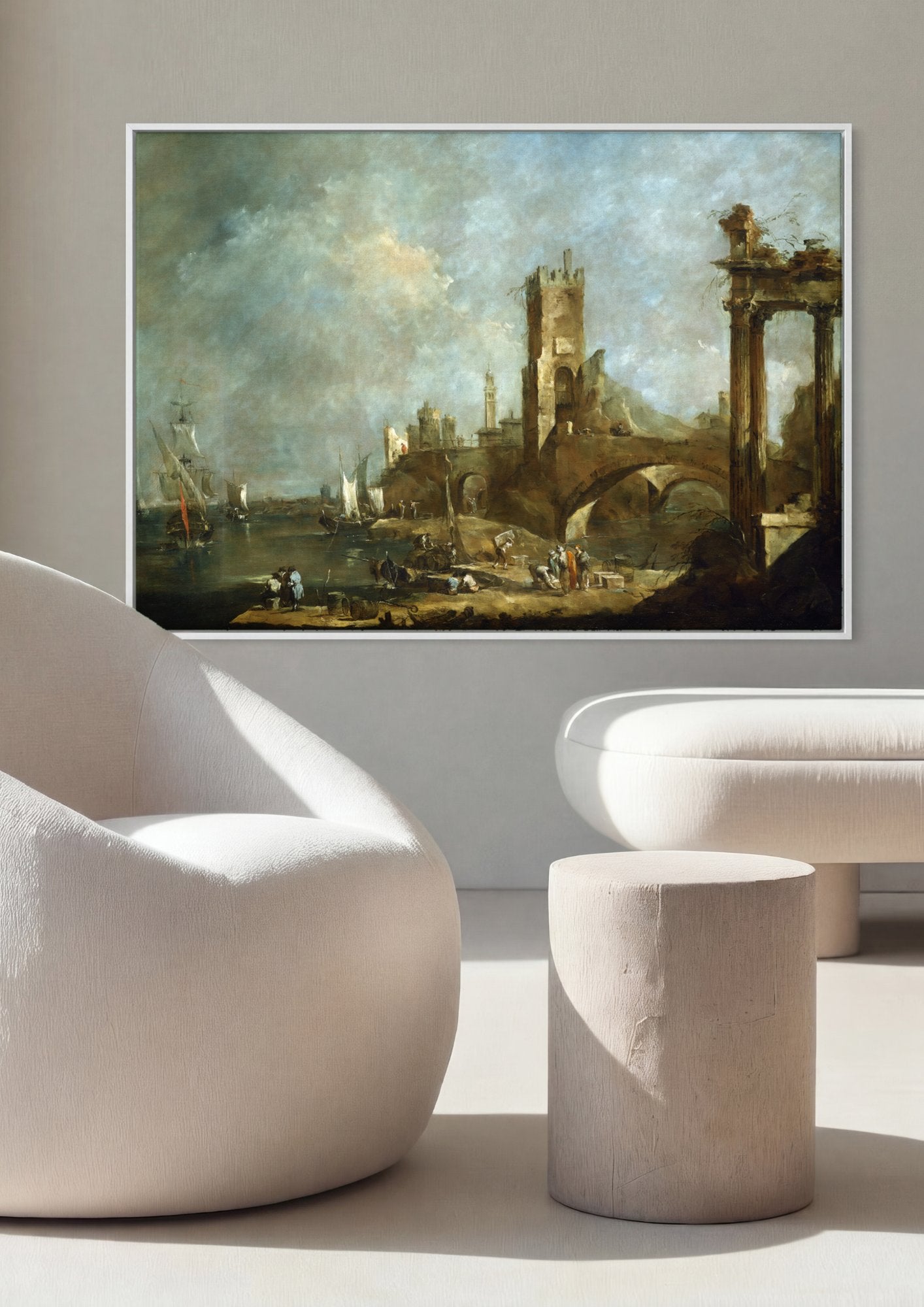 Quadro Decorativo Porto com Ruínas Clássicas - Francesco Guardi em ambiente decorado