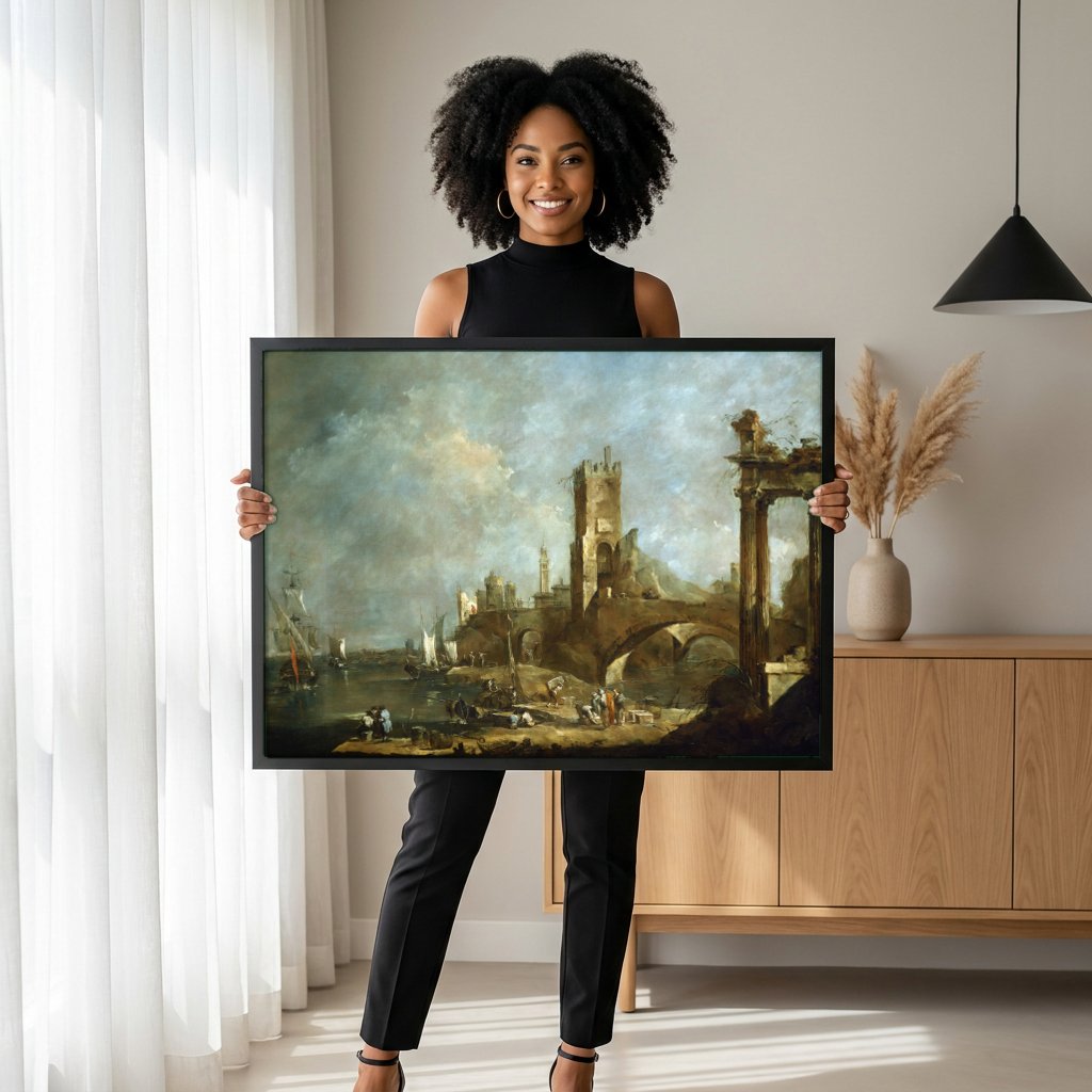Quadro Decorativo Porto com Ruínas Clássicas - Francesco Guardi com modelo em ambiente