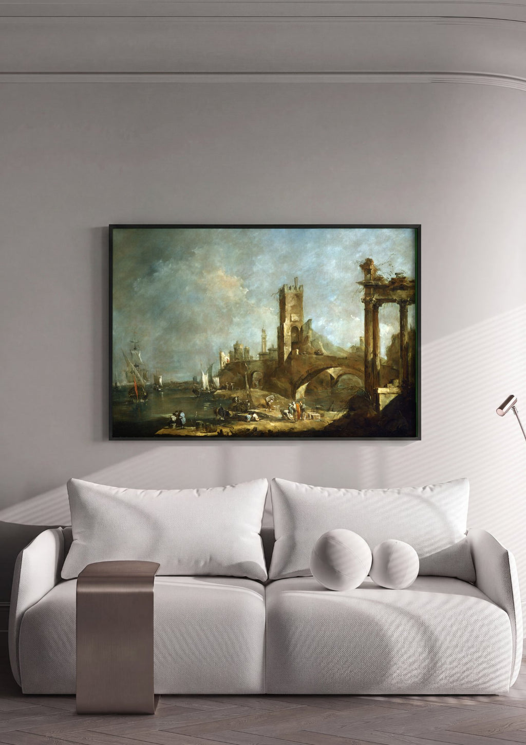 Quadro Decorativo Porto com Ruínas Clássicas - Francesco Guardi em ambiente decorado