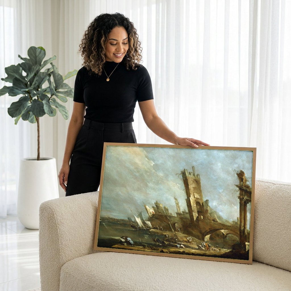 Quadro Decorativo Porto com Ruínas Clássicas - Francesco Guardi com modelo em ambiente