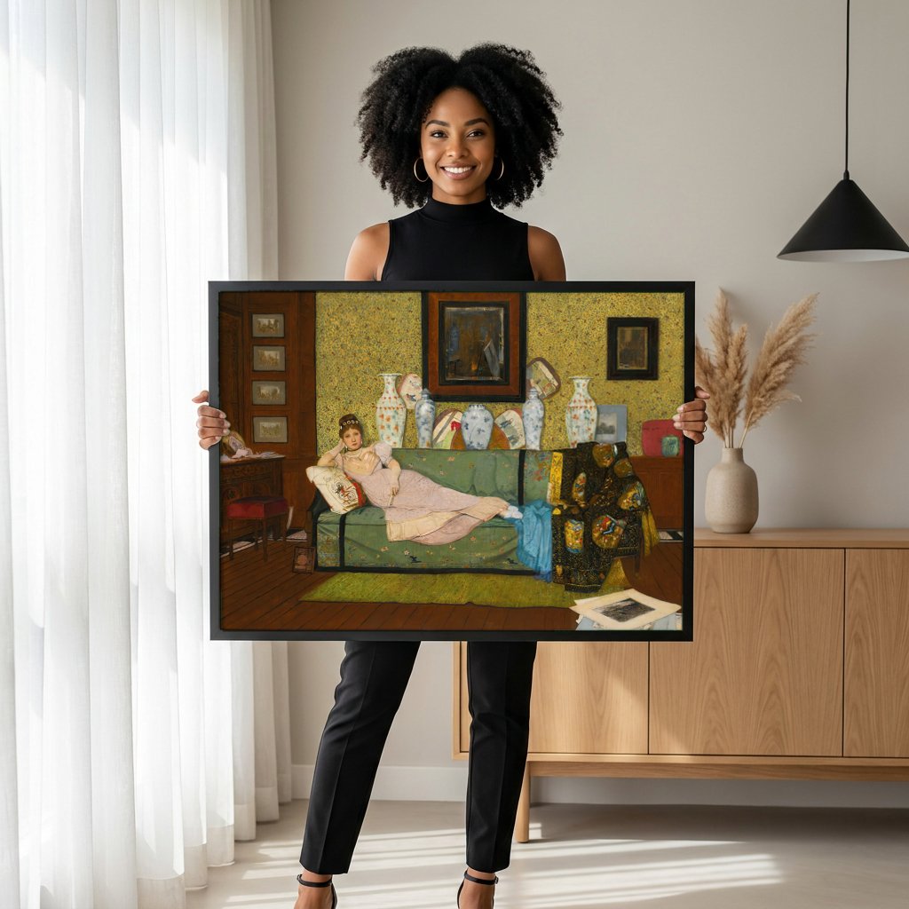 Quadro Decorativo A Dama do Sofá - John Atkinson Grimshaw com modelo em ambiente