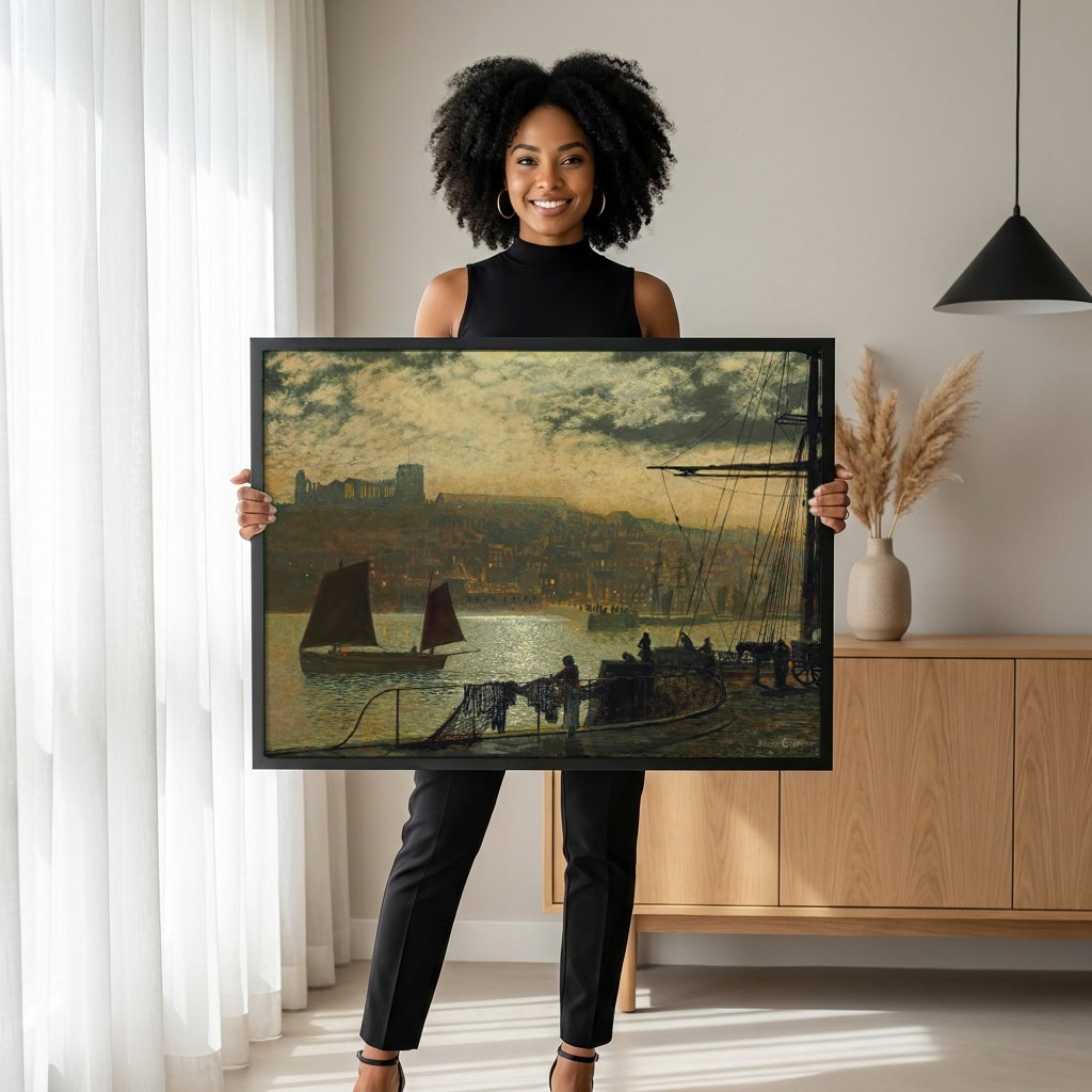 Quadro Decorativo Whitby Harbour - John Atkinson Grimshaw com modelo em ambiente
