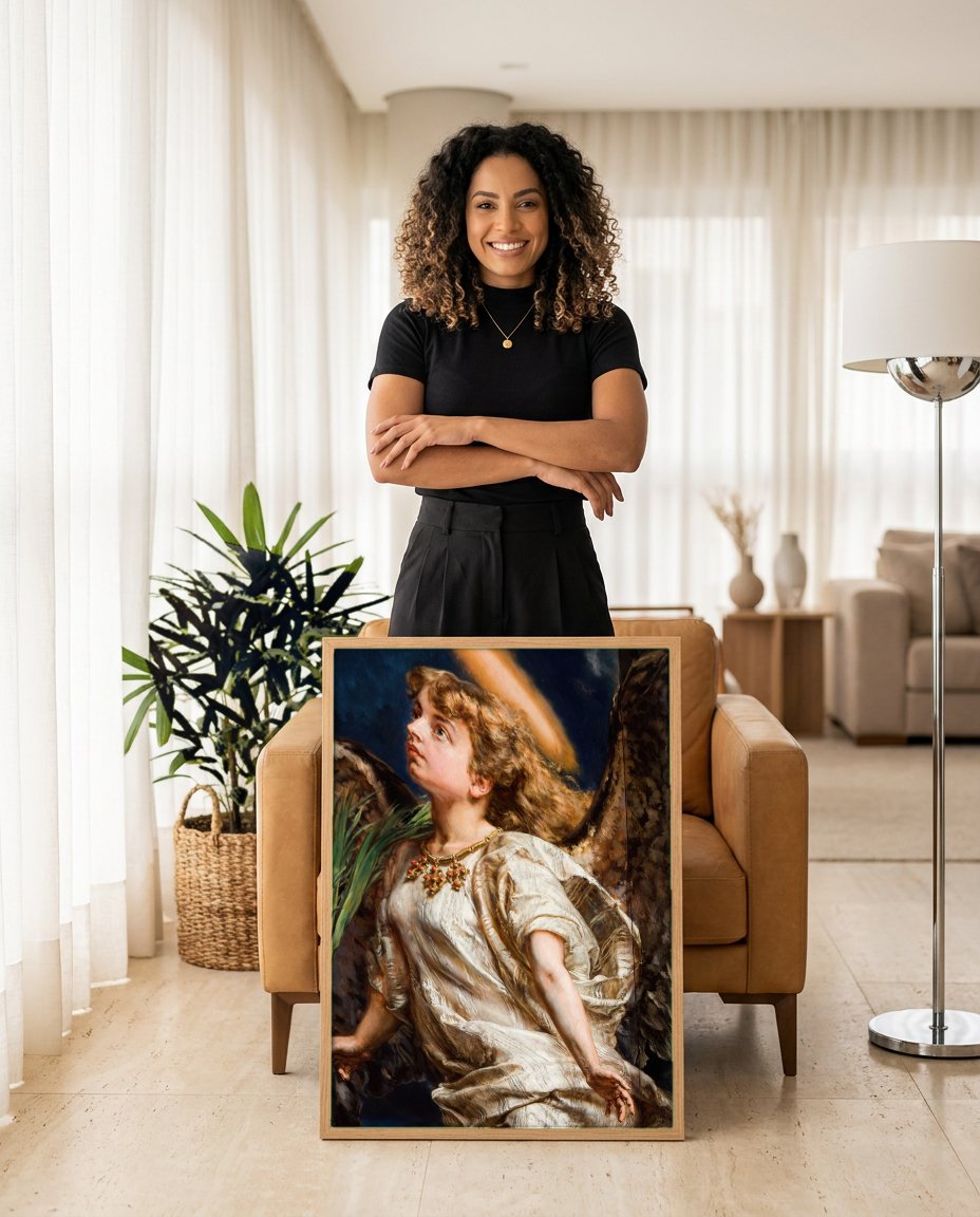 Quadro Decorativo Anjo Querubim - Jan Matejko com modelo em ambiente