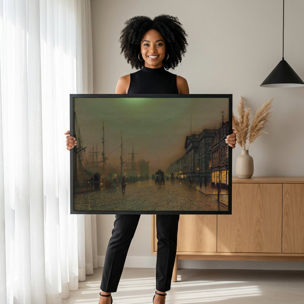 Quadro Decorativo Porto à Noite - John Atkinson Grimshaw com modelo em ambiente