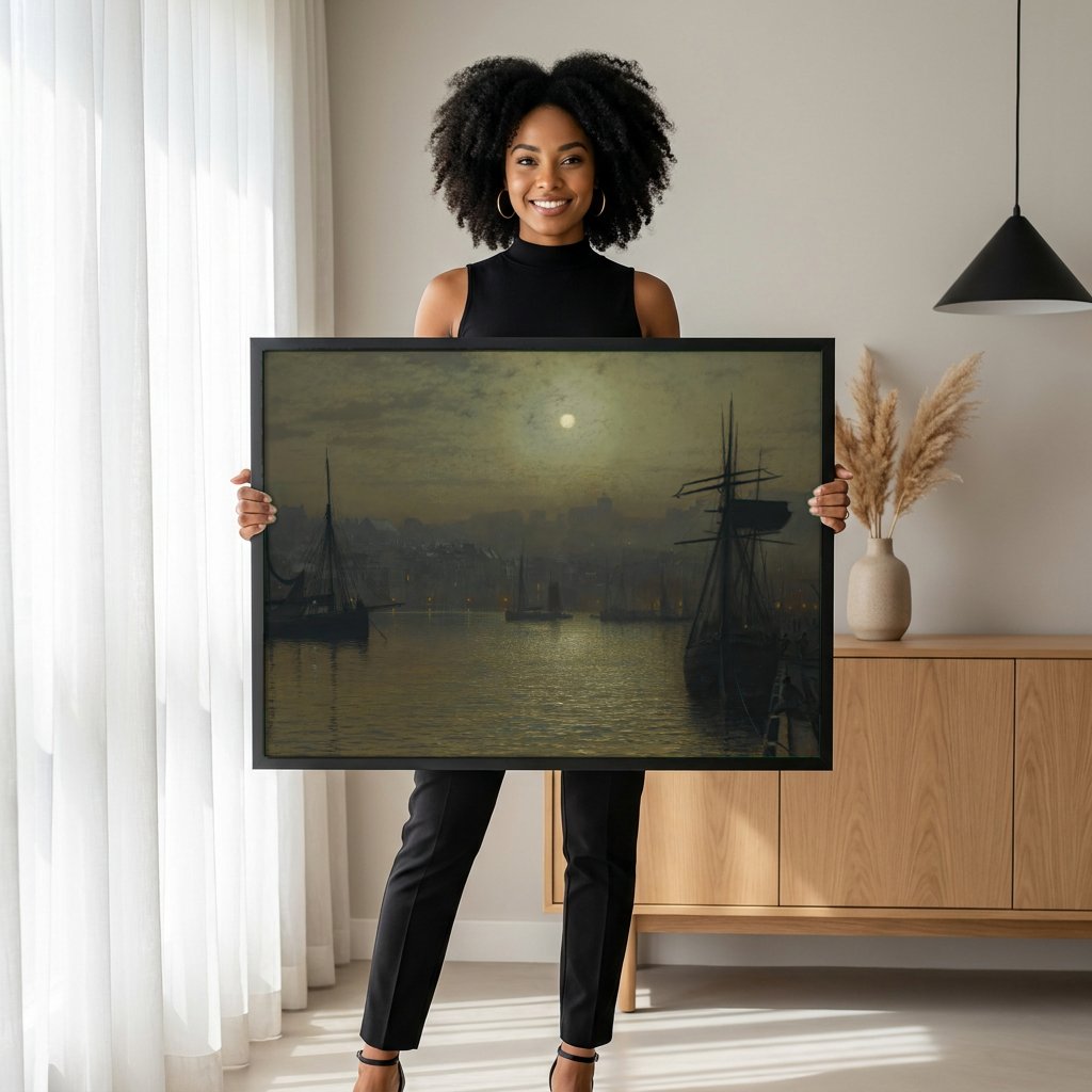 Quadro Decorativo Porto ao Luar - John Atkinson Grimshaw com modelo em ambiente