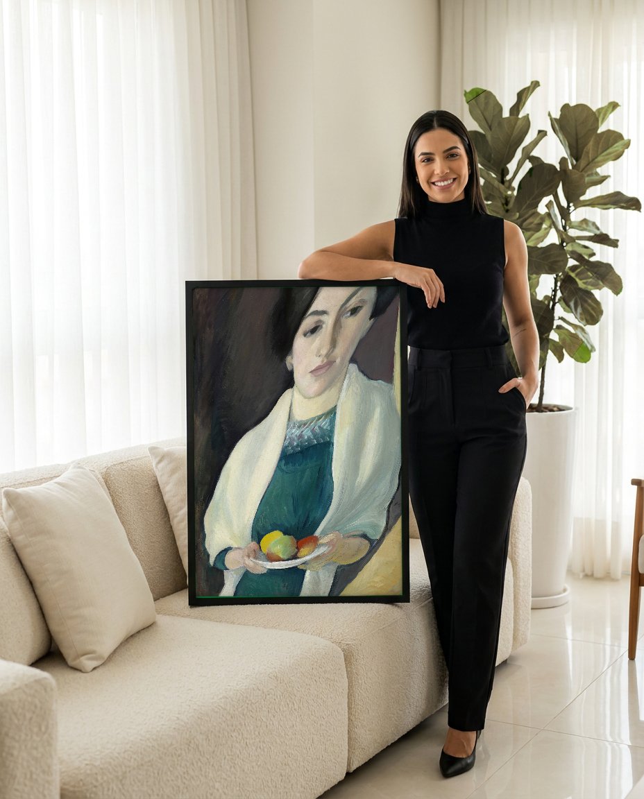 Quadro Decorativo A Mulher com Frutas - August Macke com modelo em ambiente