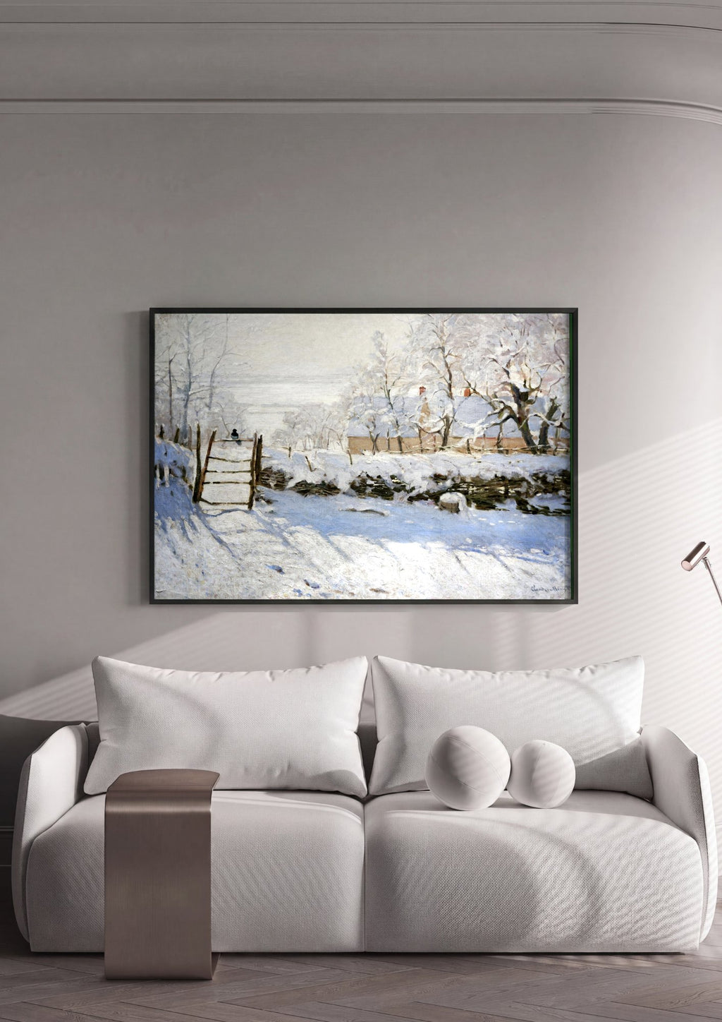 Quadro Decorativo A Gralha na Neve - Claude Monet em ambiente decorado
