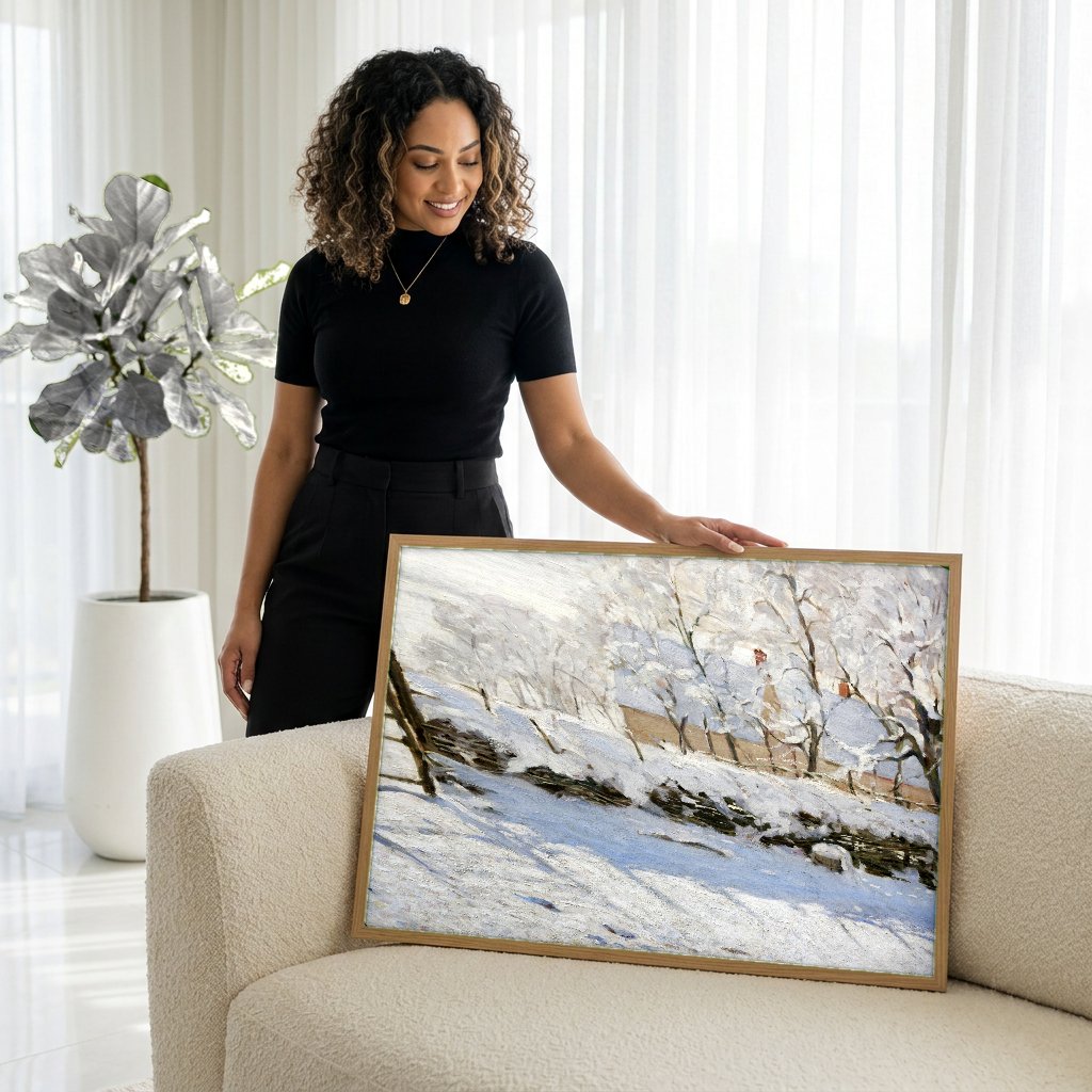 Quadro Decorativo A Gralha na Neve - Claude Monet com modelo em ambiente