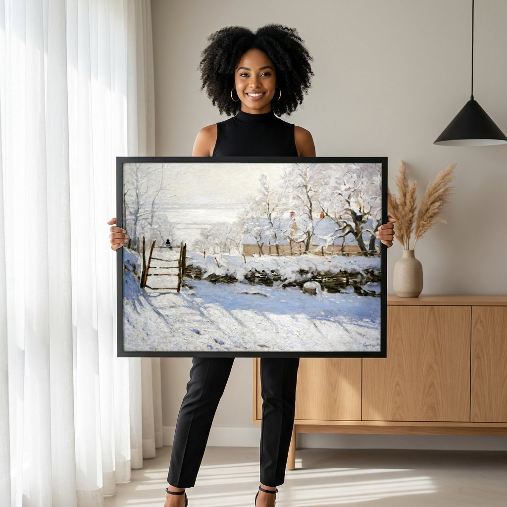 Quadro Decorativo A Gralha na Neve - Claude Monet com modelo em ambiente