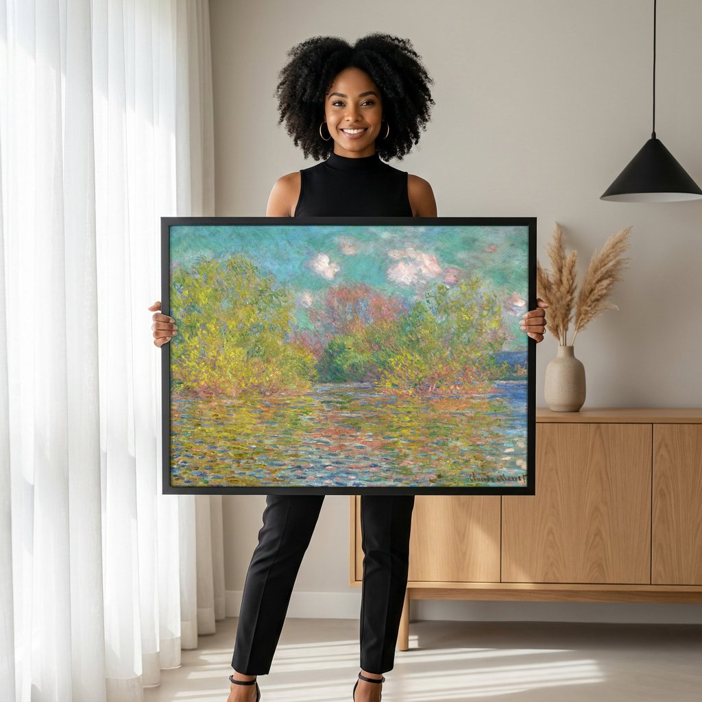 Quadro Decorativo Paisagem Fluvial - Claude Monet com modelo em ambiente