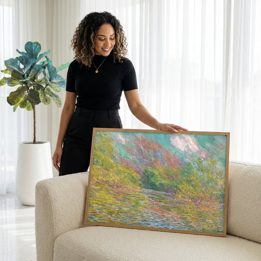 Quadro Decorativo Paisagem Fluvial - Claude Monet com modelo em ambiente