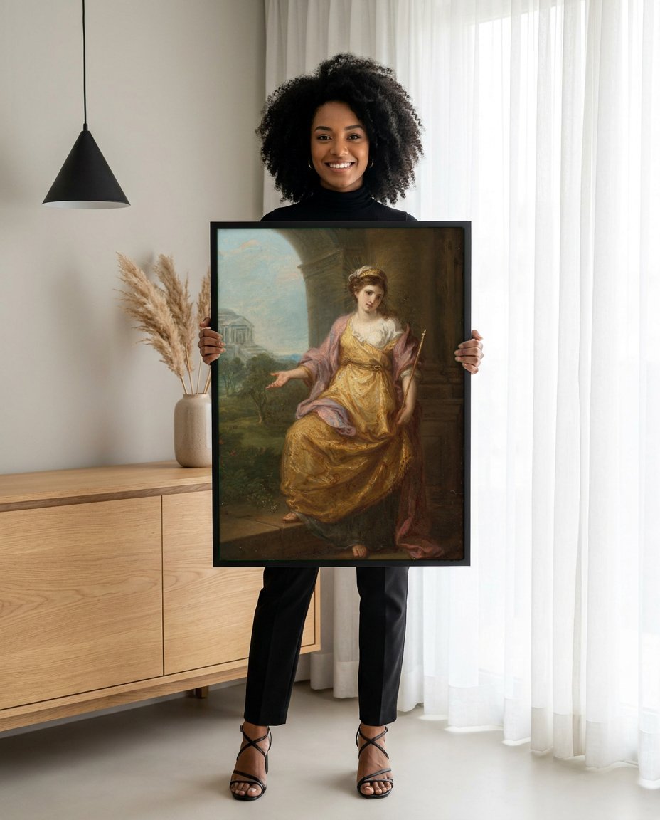 Quadro Decorativo A Sibila - Angelica Kauffmann com modelo em ambiente