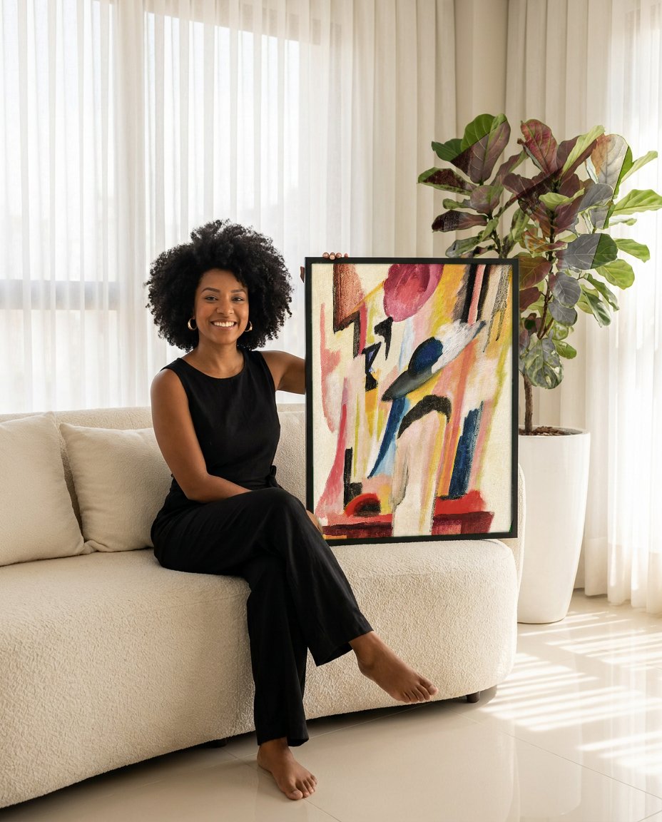 Quadro Decorativo Senhora com Chapéu - August Macke com modelo em ambiente