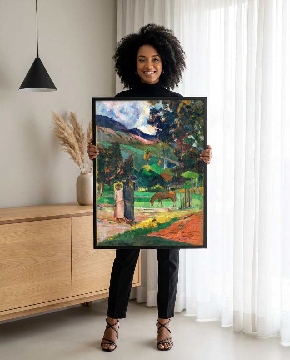 Quadro Decorativo Paisagem Tropical - Gauguin com modelo em ambiente
